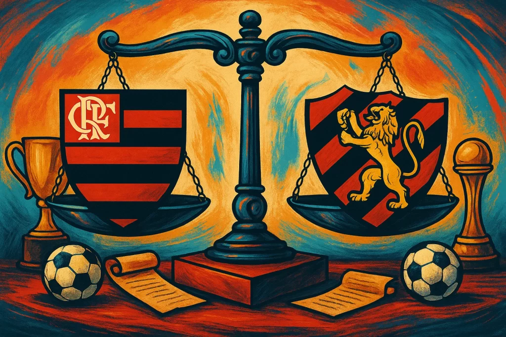 Balança jurídica com escudos do Flamengo e Sport, símbolos do campeonato brasileiro de 97, em cores vívidas e elementos históricos