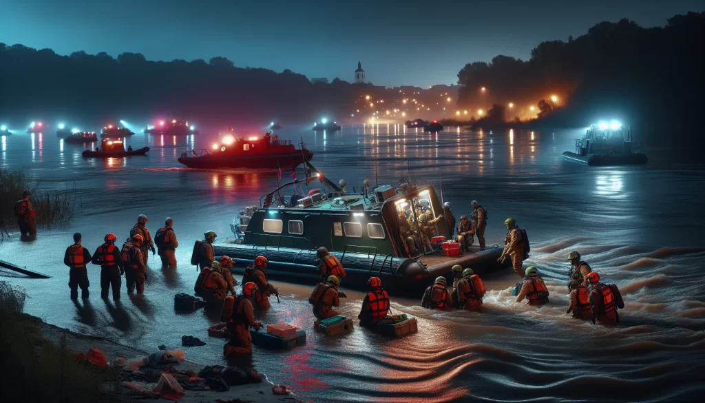 Cena noturna de acidente lancha às margens do rio Grande com equipes de resgate e refugiados